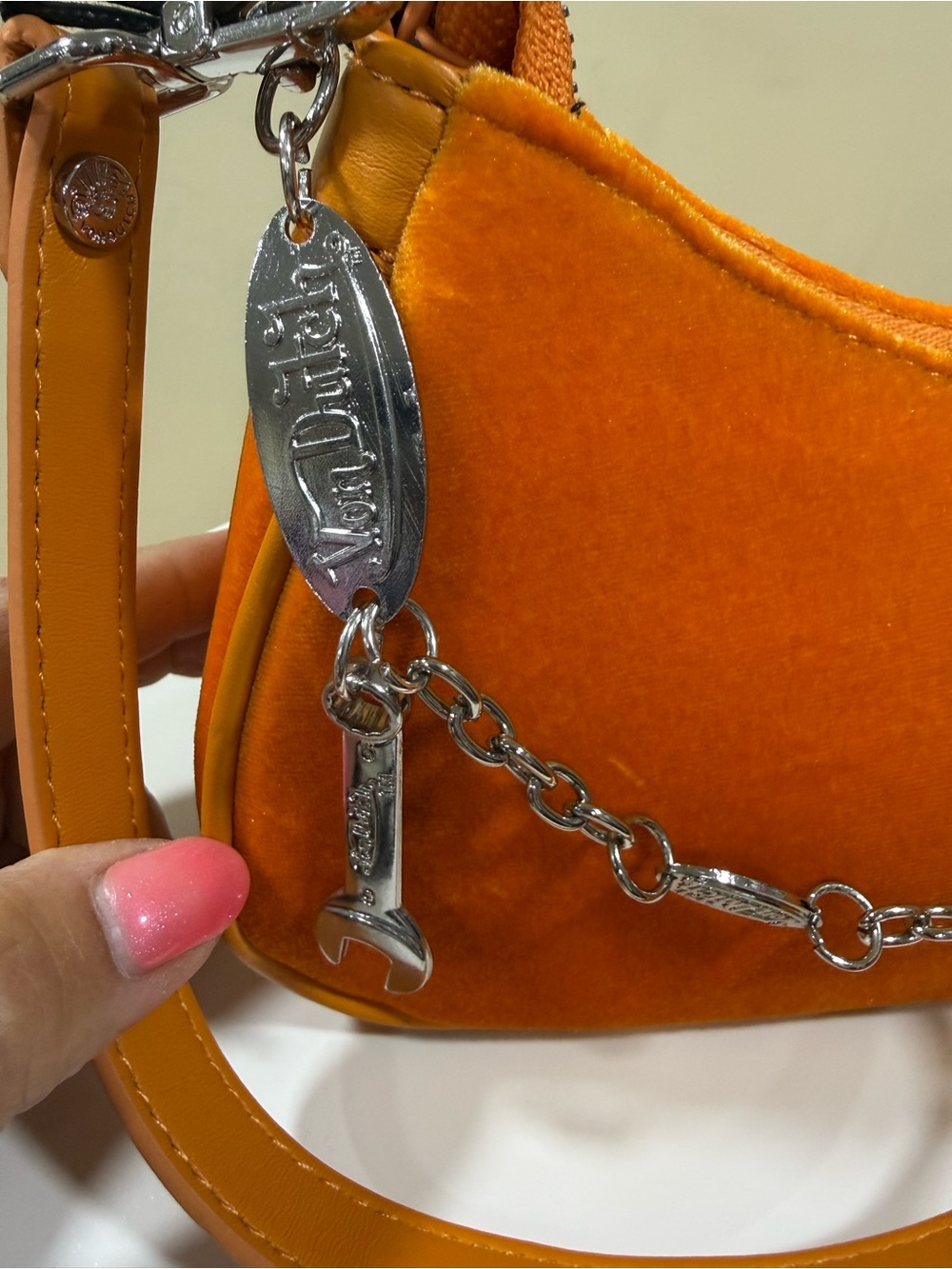 Von Dutch Orange Suede-Style Shoulder Bag with Embellished Logo - Picture 9 of 15